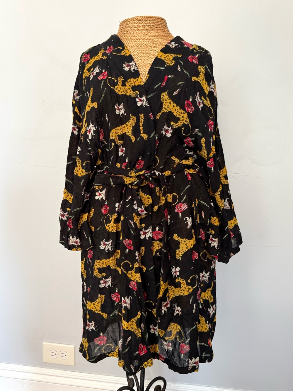 Urban Outfitters Black Floral & Leopard Print Wrap Robe